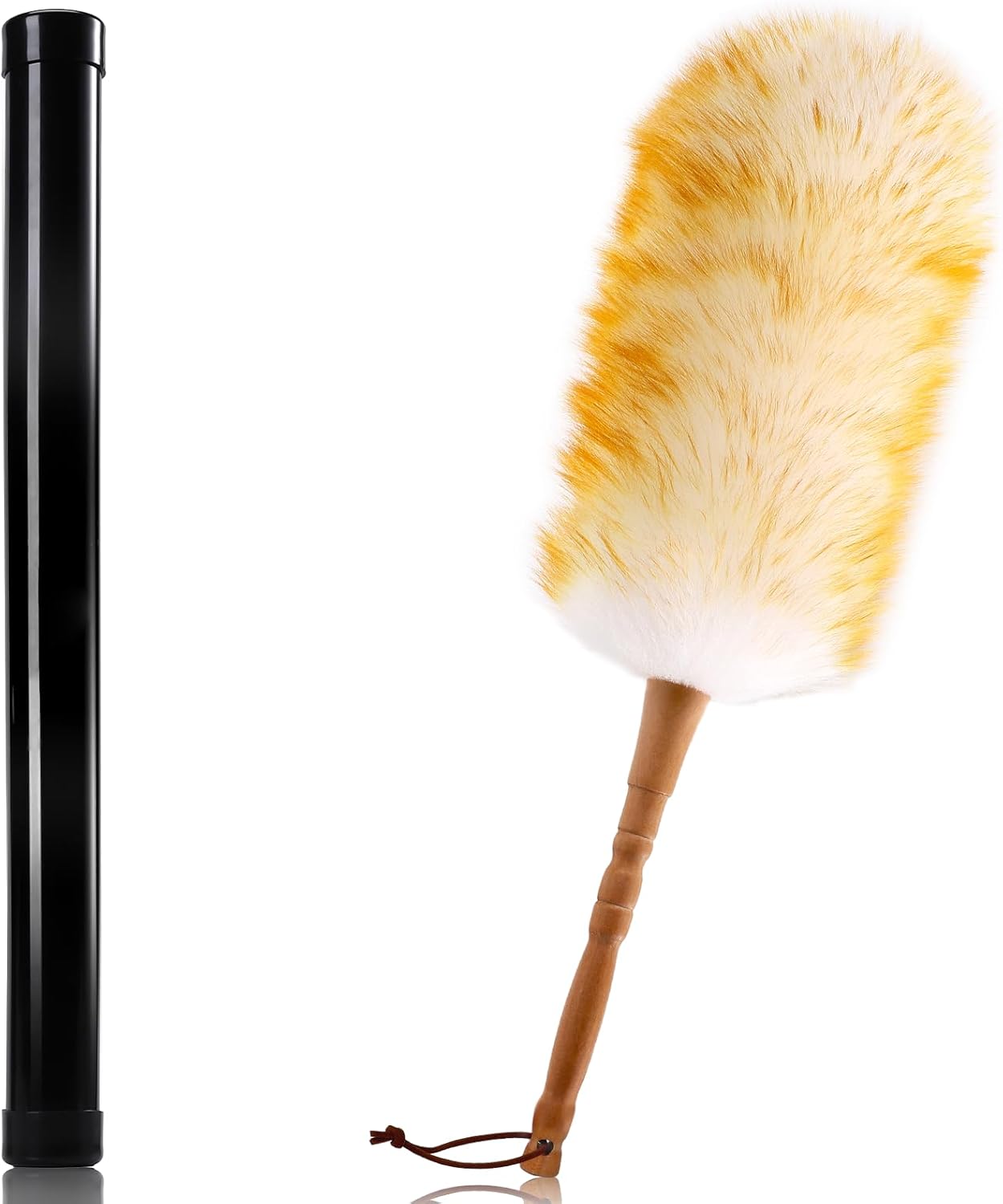 Lambswool Duster with Solid Wooden Handle,Leather Hang Strap,18.9 inch Long,Natural Feather Duster