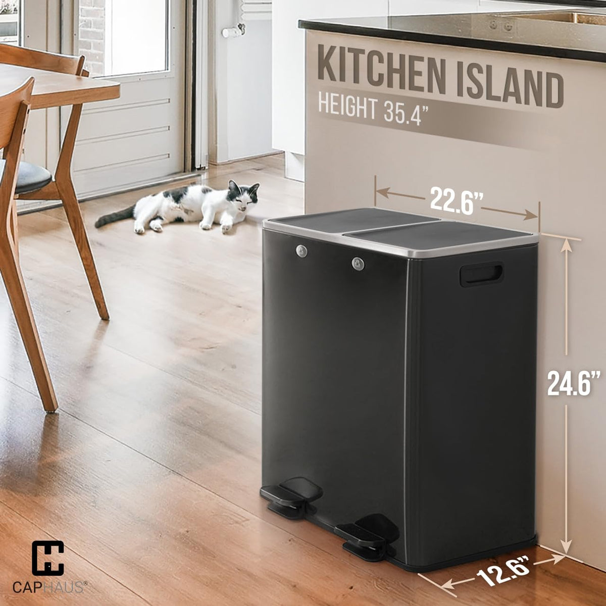 CAPHAUS Black Dual Trash Can w/Double Lid, Trash & Recycle Bins Combo, Hands-Free Stainless-Steel
