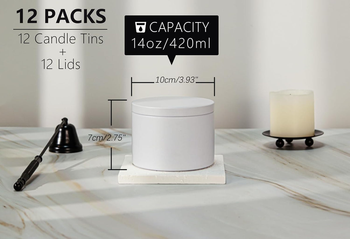 Tins With Lids, 3 Wicks Containers 12 Pack 14oz/420ml Seamless Bulk for Candle Making Supplies