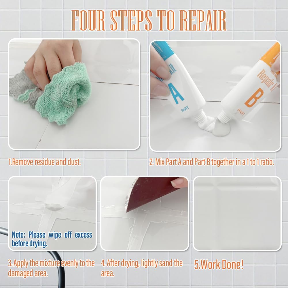 Porcelain Repair Kit White, High-Gloss Chipped Sink & Tile Repair Kit to Quickly Fix Sinks Chips