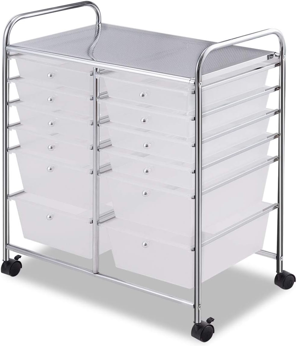 GOFLAME 12-Drawer Rolling Storage Cart, Multipurpose Organizer Cart with 2 Sizes Plastic Drawers