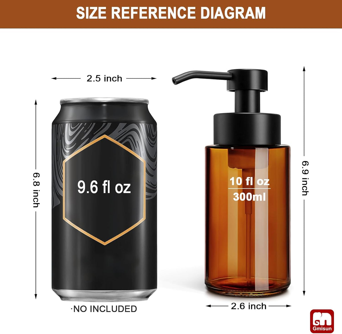GMISUN Glass Foaming Soap Dispenser, 10 Fl oz / 300ml Amber Glass Soap Dispenser for Bathroom &