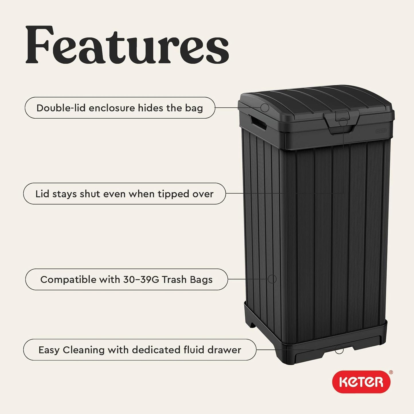 Keter Baltimore Resin 38 Gallon Outdoor Kitchen Trash Can with Lid and Drip Tray for Easy