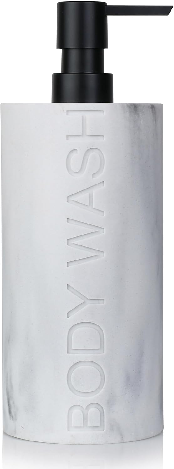 White Body Wash Dispenser Luxurious Refillable Pump Bottle with Embossed Text, Durable Construction