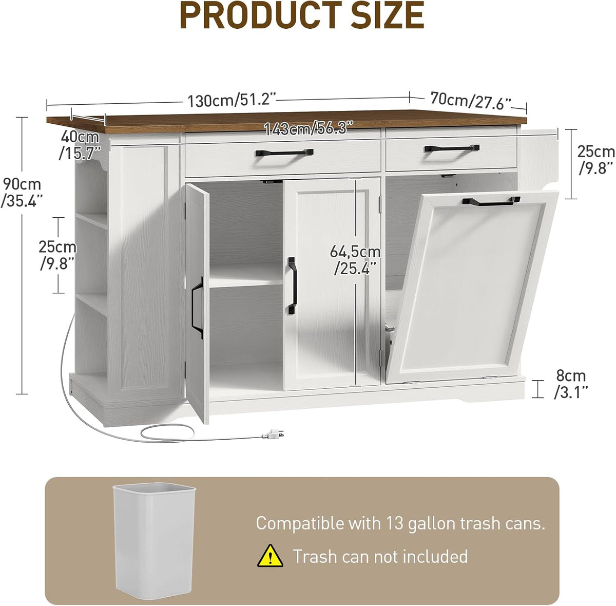 Kitchen Island with Power Outlet & Drop Leaf, Rolling Storage Cart with Trash Storage