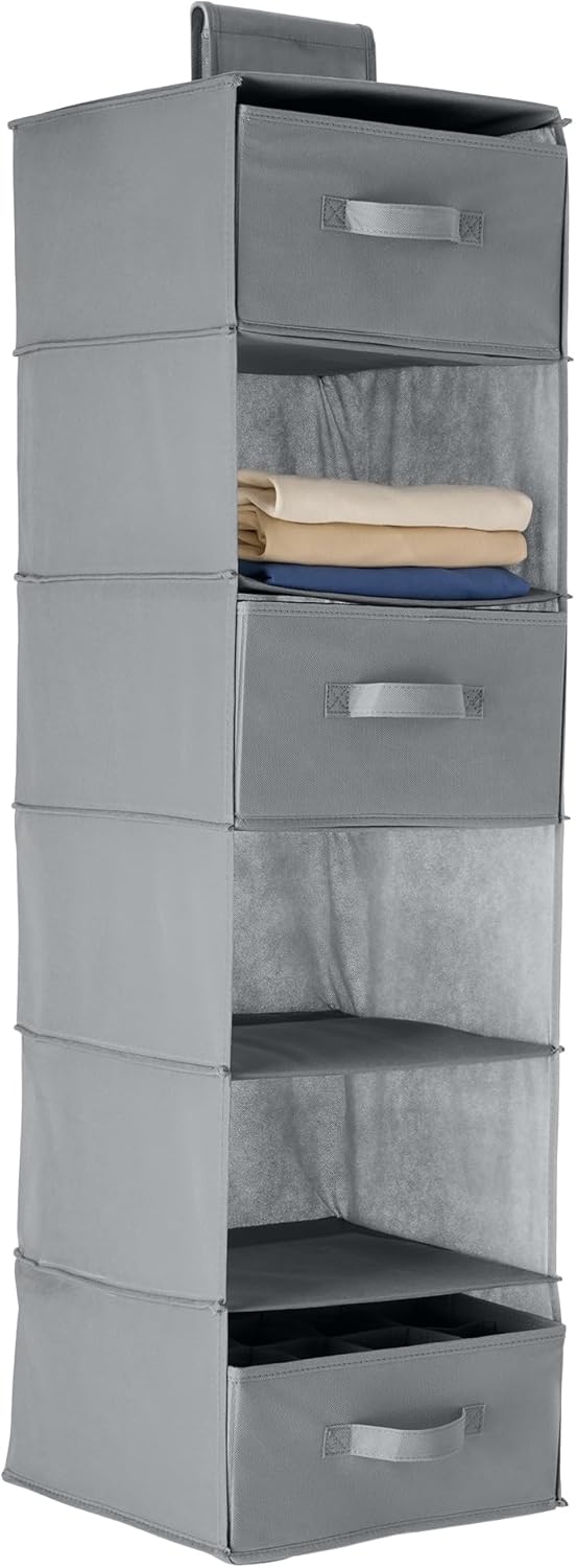 Amazon Basics 6-Tier Hanging Shelf Closet Storage Organizer with Removable Drawers, Grey, 6.9"D x