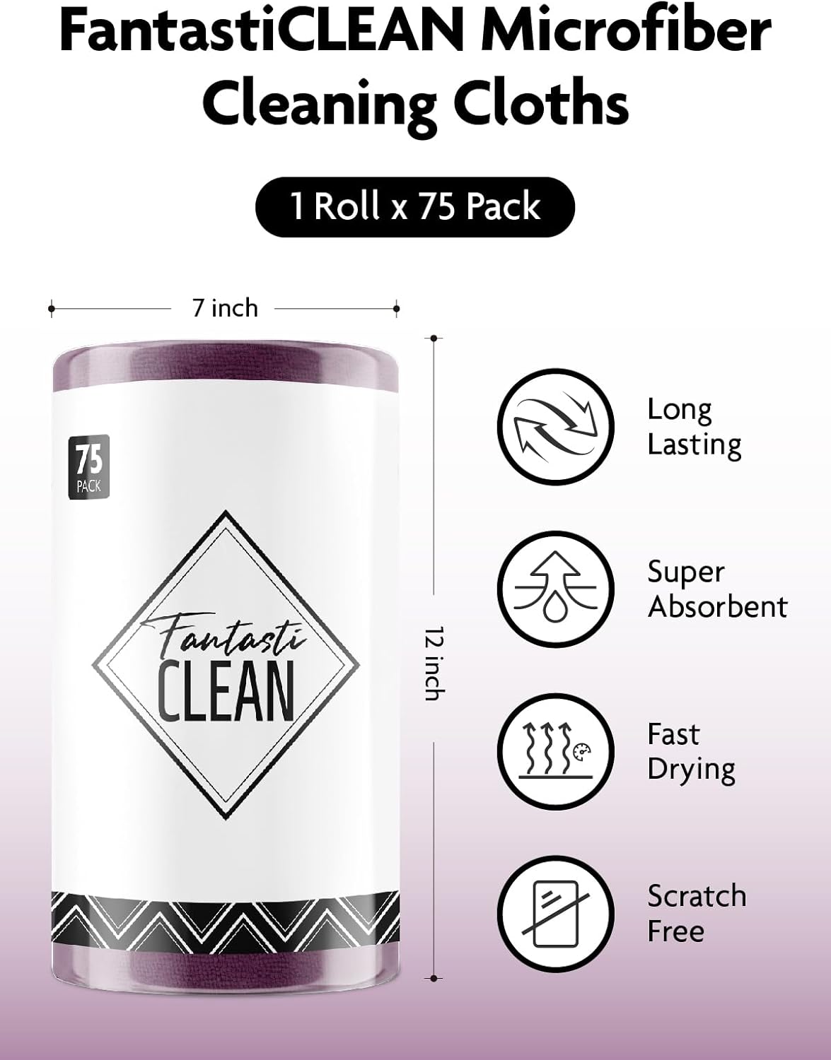 Fantasticlean Microfiber Cleaning Cloth Roll -75 Pack, Tear Away Microfiber Towels, 12" x 12"