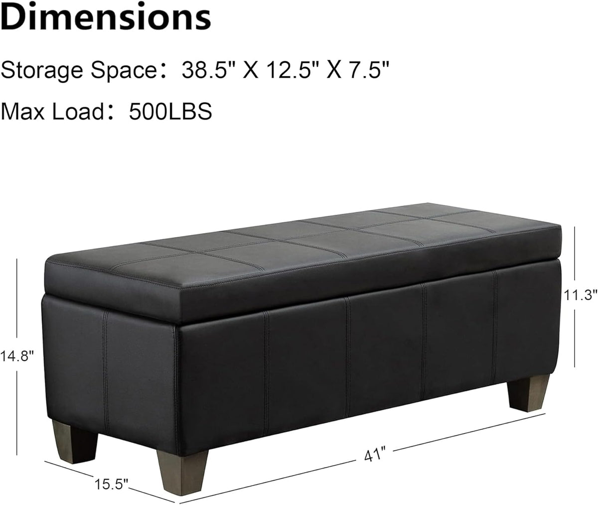 Black Faux Leather Ottoman with Storage, Rectangular Extra Long Storage Bench for Bedroom and