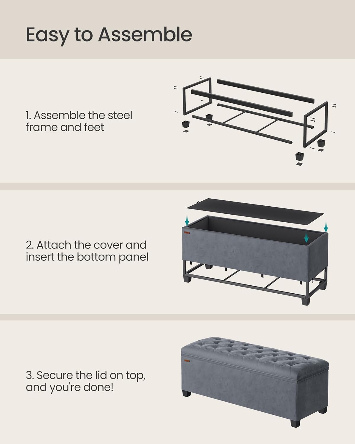 SONGMICS Velvet Storage Ottoman Bench, Foot Rest with Legs, 15.7 x 43 x 15.7 Inches, End of Bed