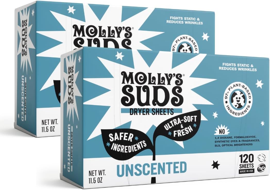 Molly's Suds Fabric Softener Dryer Sheets for Sensitive Skin | Plant-Based Static Reducer