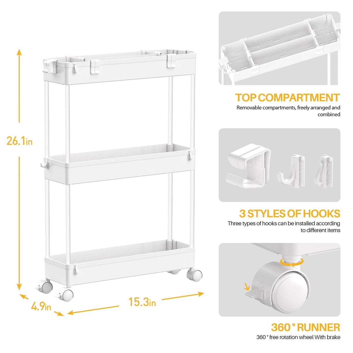 SPACELEAD Slim Storage Cart 3 Tier,Bathroom Organizer Rolling Utility, Mobile Shelving Unit Slide