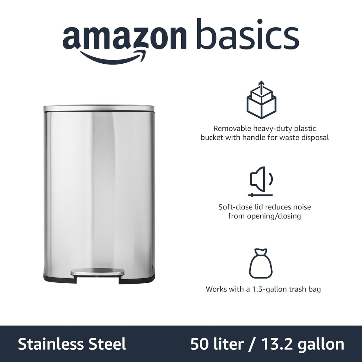 Amazon Basics Smudge Resistant Rectangular Trash Can With Soft-Close Foot Pedal, Brushed Stainless