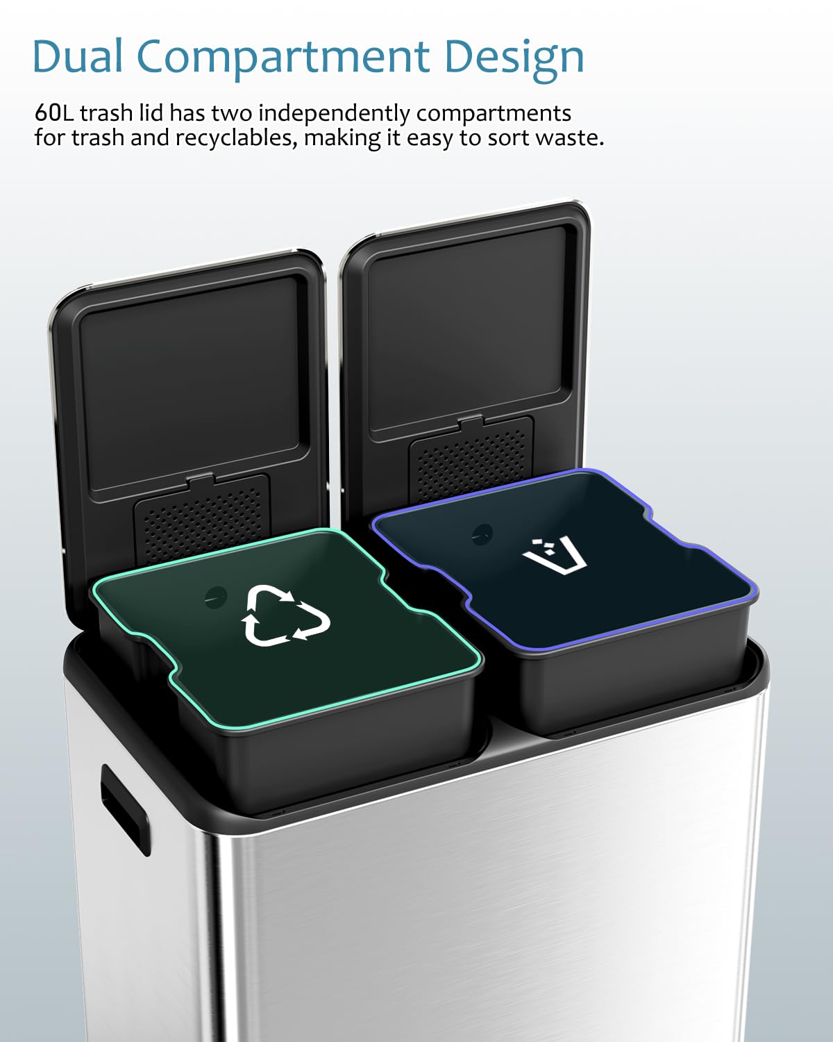 16 Gal (2 x 30 L) Dual Trash Can, Stainless Steel Kitchen Garbage Bin, Recycle Dustbin with Odor