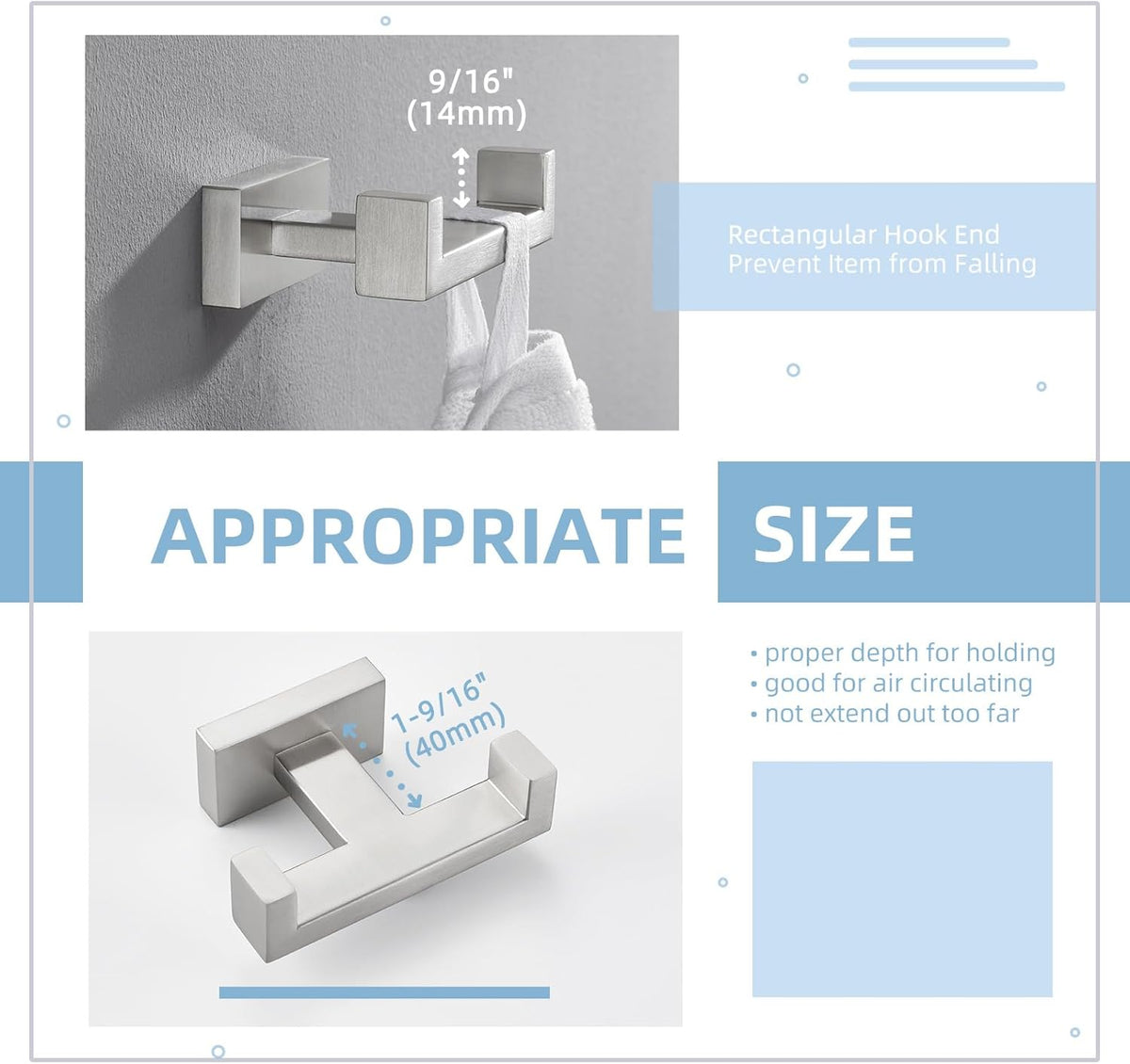 Angle Simple Towel Hook for Bathroom, SUS 304 Stainless Steel Double Robe Coat Hook, Hand Towel
