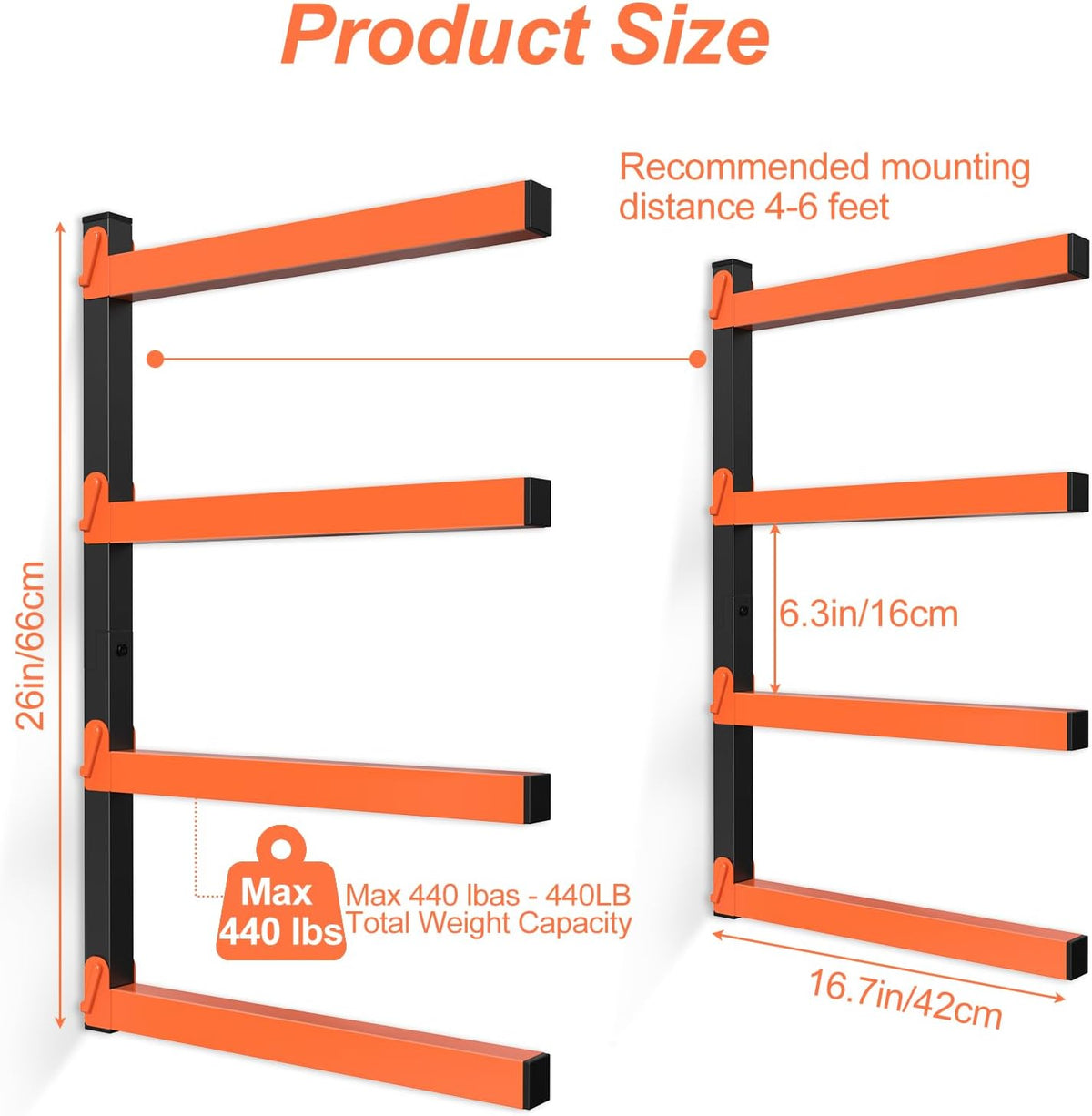 NANANARDOSO Wall Mount Wood Organizer and Lumber Storage,Heavy Duty Metal Shelf with 4-Level,Lumber