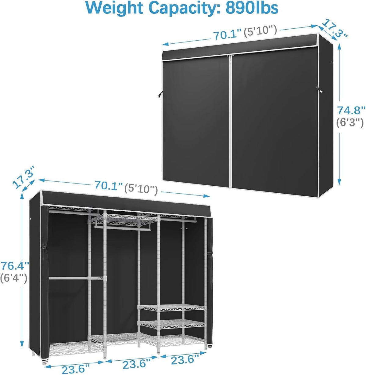 VIPEK V5C Bedroom Armoires Portable Clothes Closet Rack, White Metal Clothing Rack with Black