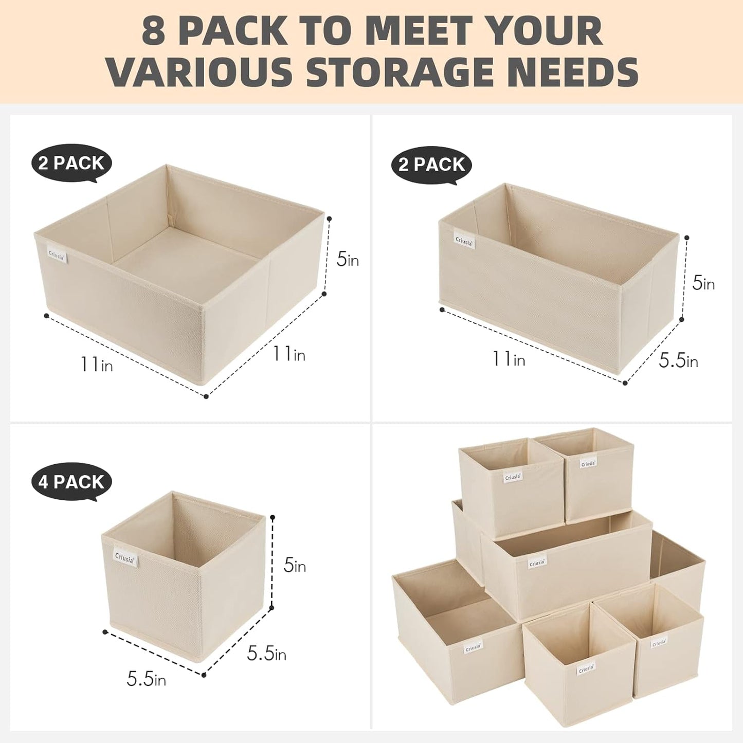 Criusia Drawer Organizer Clothes, 8 Pack Underwear Drawer Organizer, Foldable Cloth Storage Box