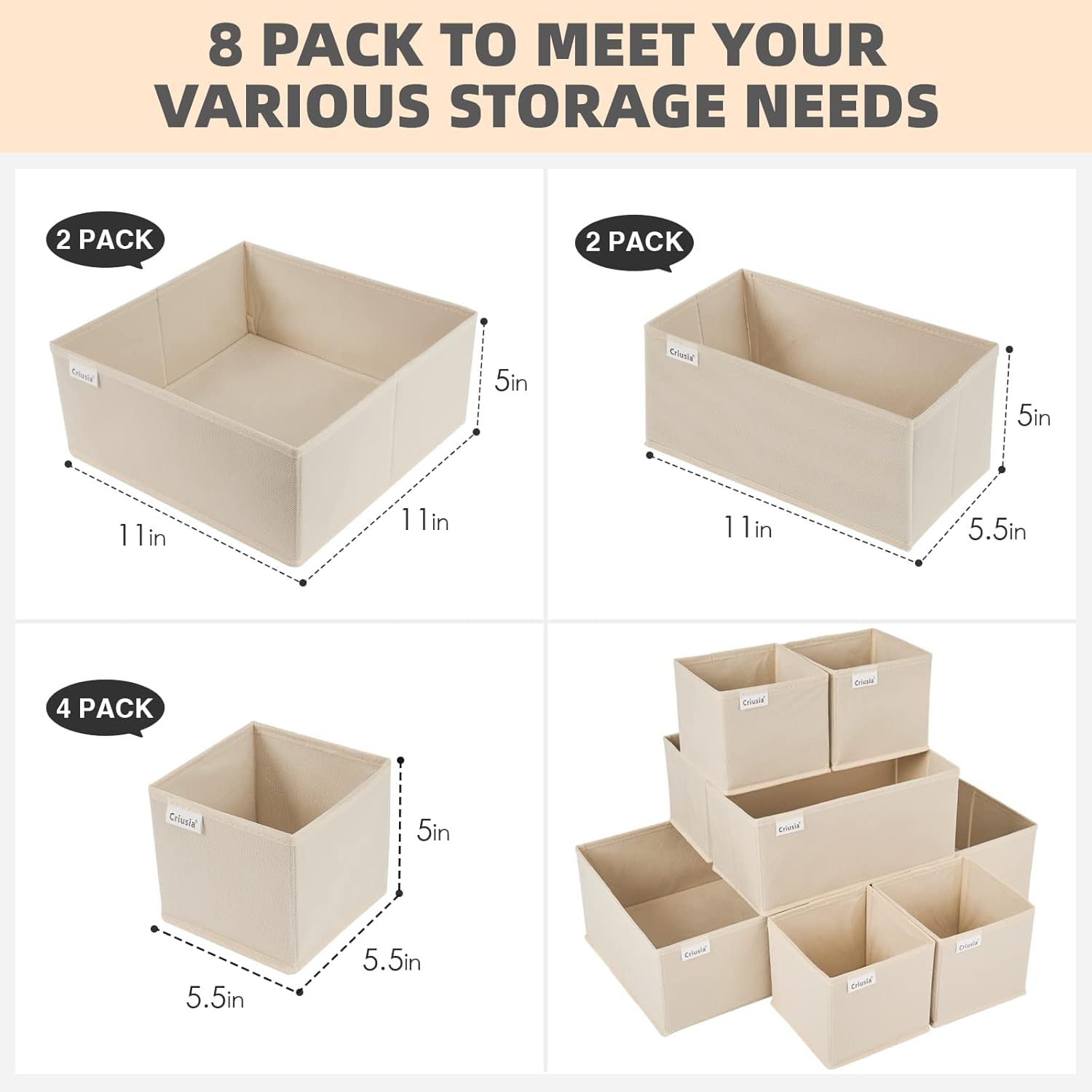 Criusia Drawer Organizer Clothes, 8 Pack Underwear Drawer Organizer, Foldable Cloth Storage Box