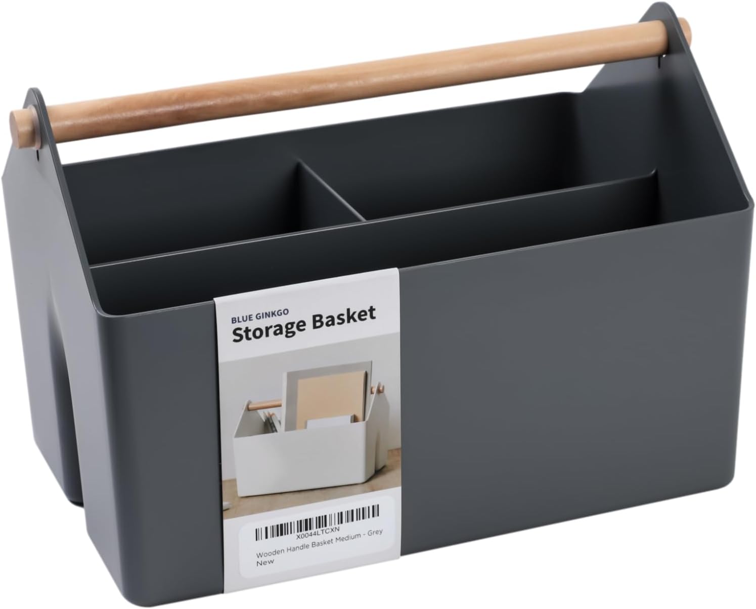 BLUE GINKGO Medium Storage Basket – Plastic Caddy with Wooden Handle for Office, Arts & Crafts, or