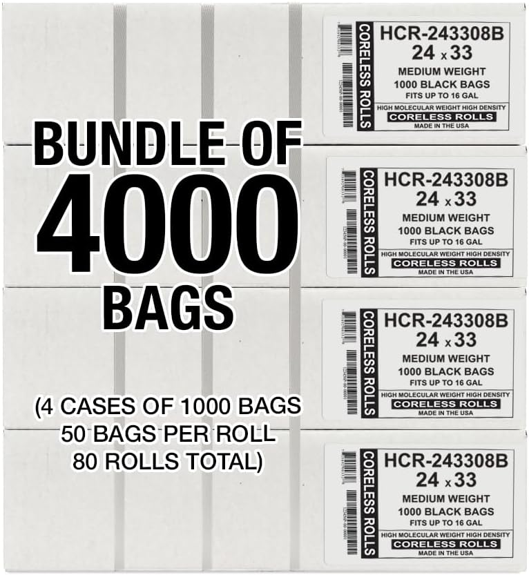 Aluf Plastics High Density Trash Bags, 16 Gallon, 4000 Count, 8 Micron (eq), 24" x 33", Black, for