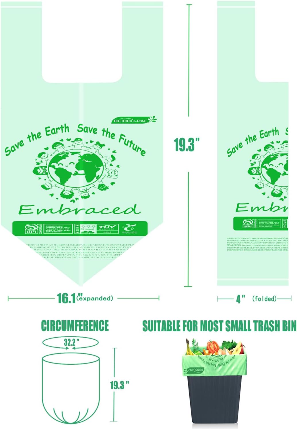 1.6 Gallon Compostable Trash Bags with Handle, 250 Count Small Compost Bags, Biodegradable Kitchen