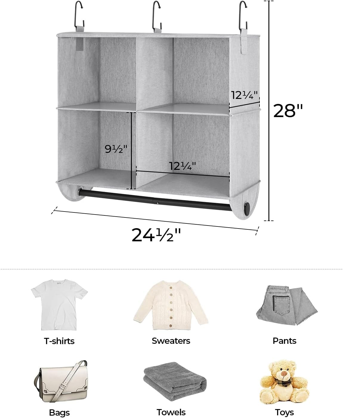 StorageWorks Hanging Closet Organizer with Metal Rod, 4-Section Closet Organizers and Storage