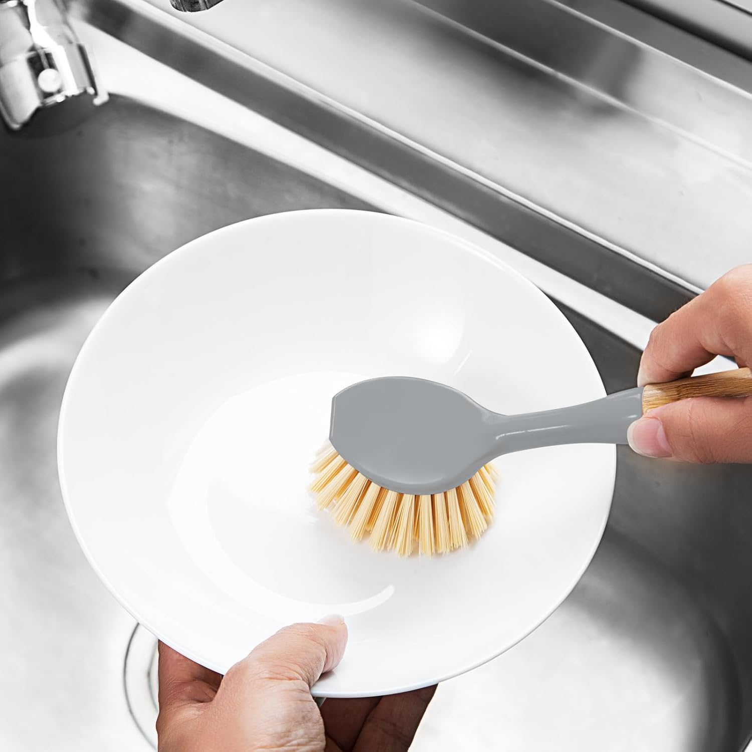 2 Pack Kitchen Dish Brushes with Bamboo Handle, Dish Scrubber Built-in Scraper, Scrub Brush for