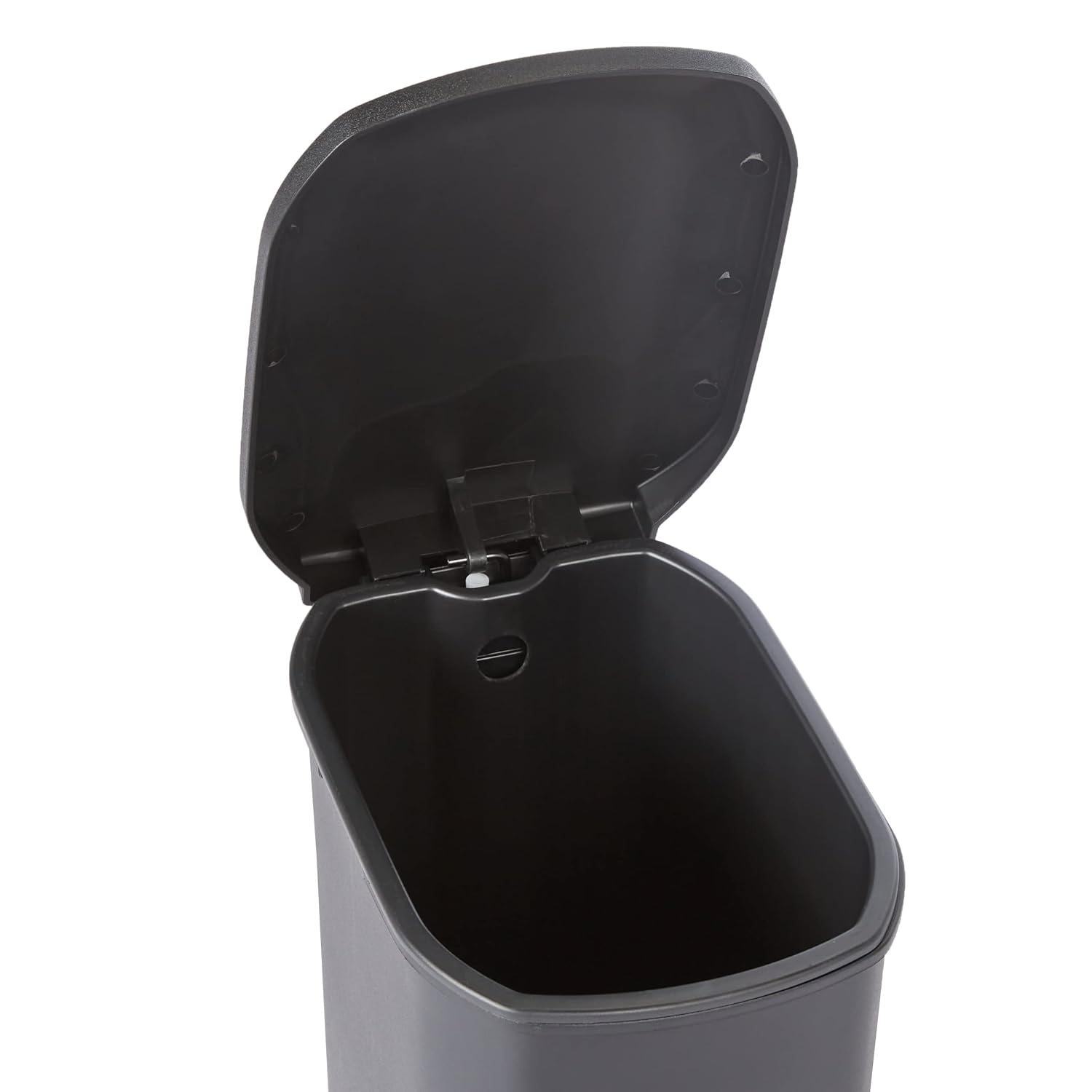 Amazon Basics Compact Plastic Bathroom Trash Can with Hands Free Foot Pedal, Quiet Close Step-On, 6