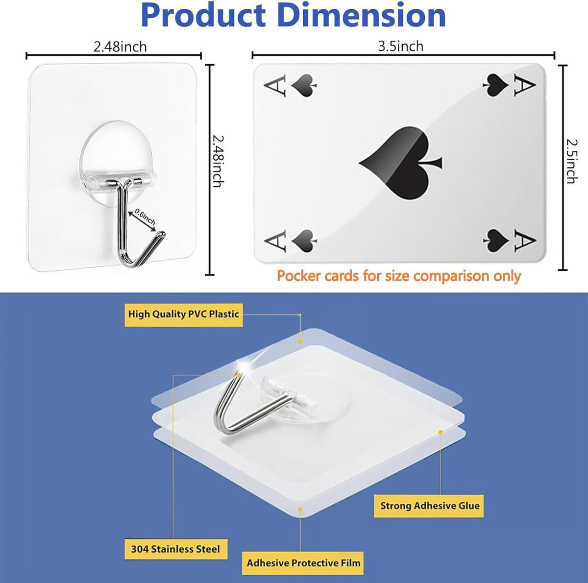 JINSHUNFA Adhesive Wall Hooks for Hanging Heavy Duty Towel Coat Hooks Waterproof Transparent Hook