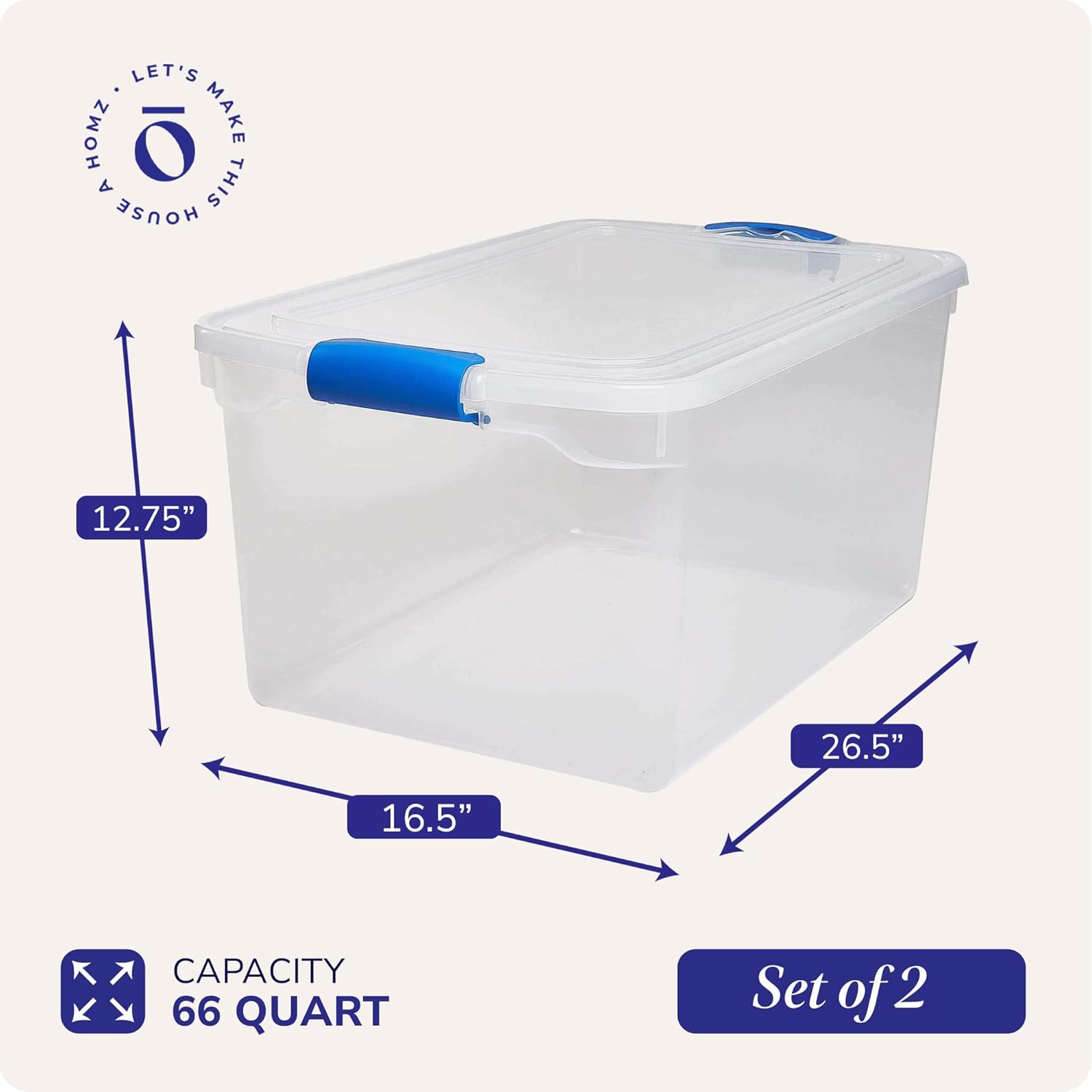 HOMZ 2-Pack Latching Lid, Large Clear Plastic Storage Bins with Lids, 66 Quart, Blue Latch
