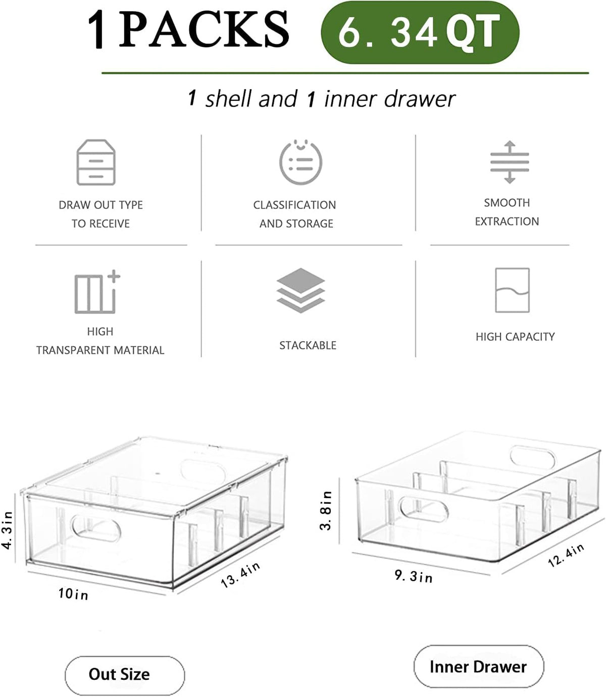 bealy Stackable Clear Storage Drawer with 3 Dividers for Pantry Shelf, Fridge Organizer for Fruit