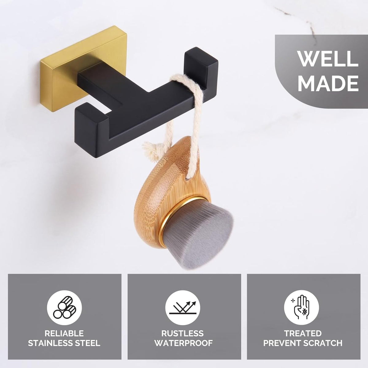 Angle Simple Towel Hook Black & Gold 2 PCS, Stainless Steel Double Hook for Bathroom, Square Robe