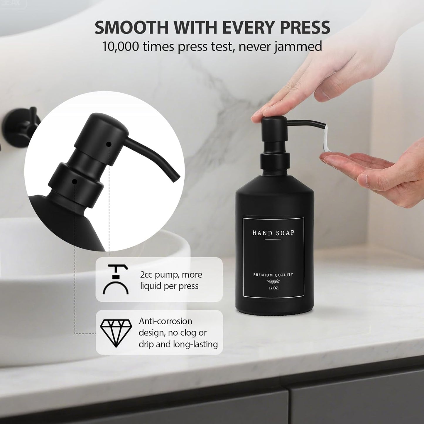 Matte Black Soap Dispenser Set, 17 OZ Hand and Dish Soap Dispenser Set, Bathroom Refillable Soap