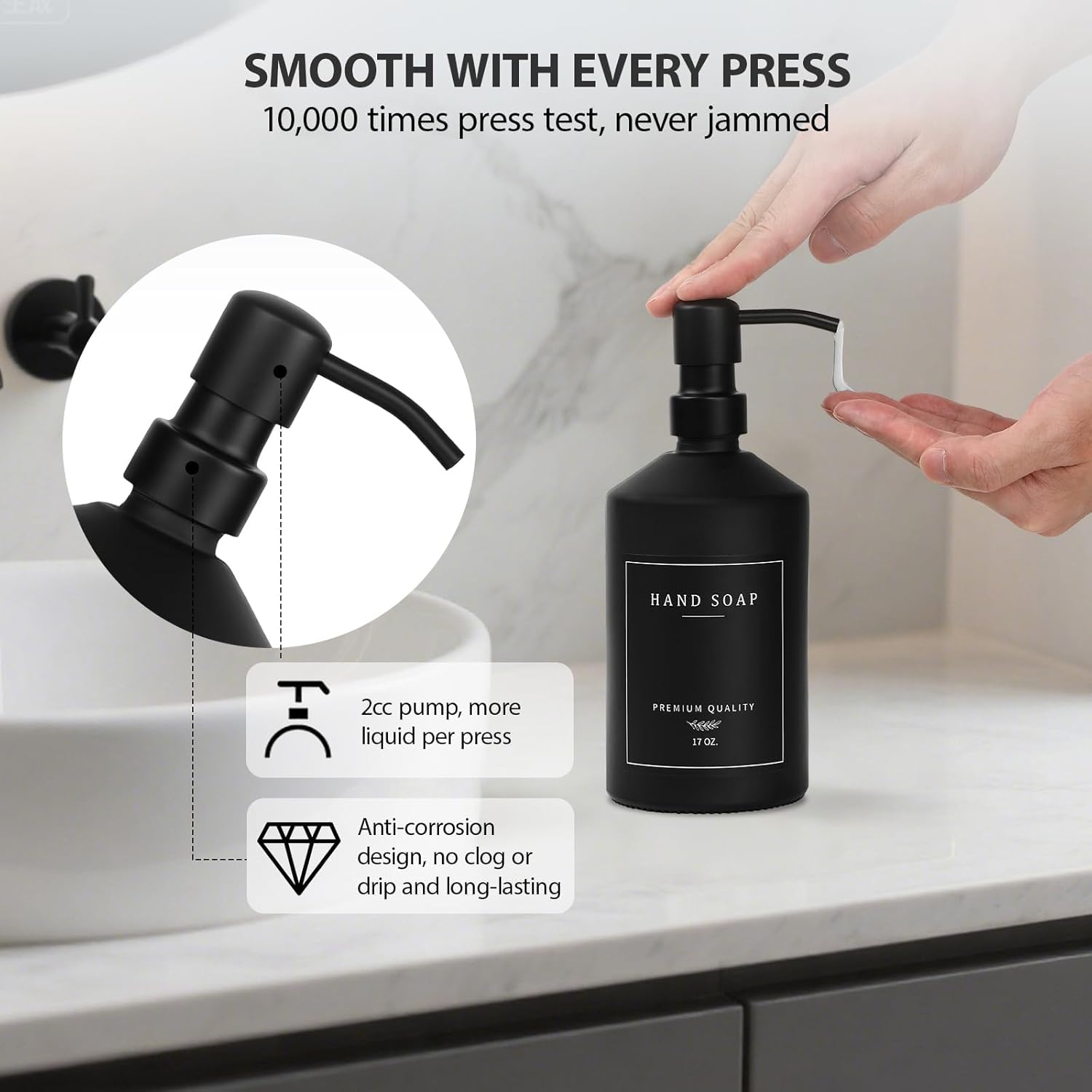 Matte Black Soap Dispenser Set, 17 OZ Hand and Dish Soap Dispenser Set, Bathroom Refillable Soap