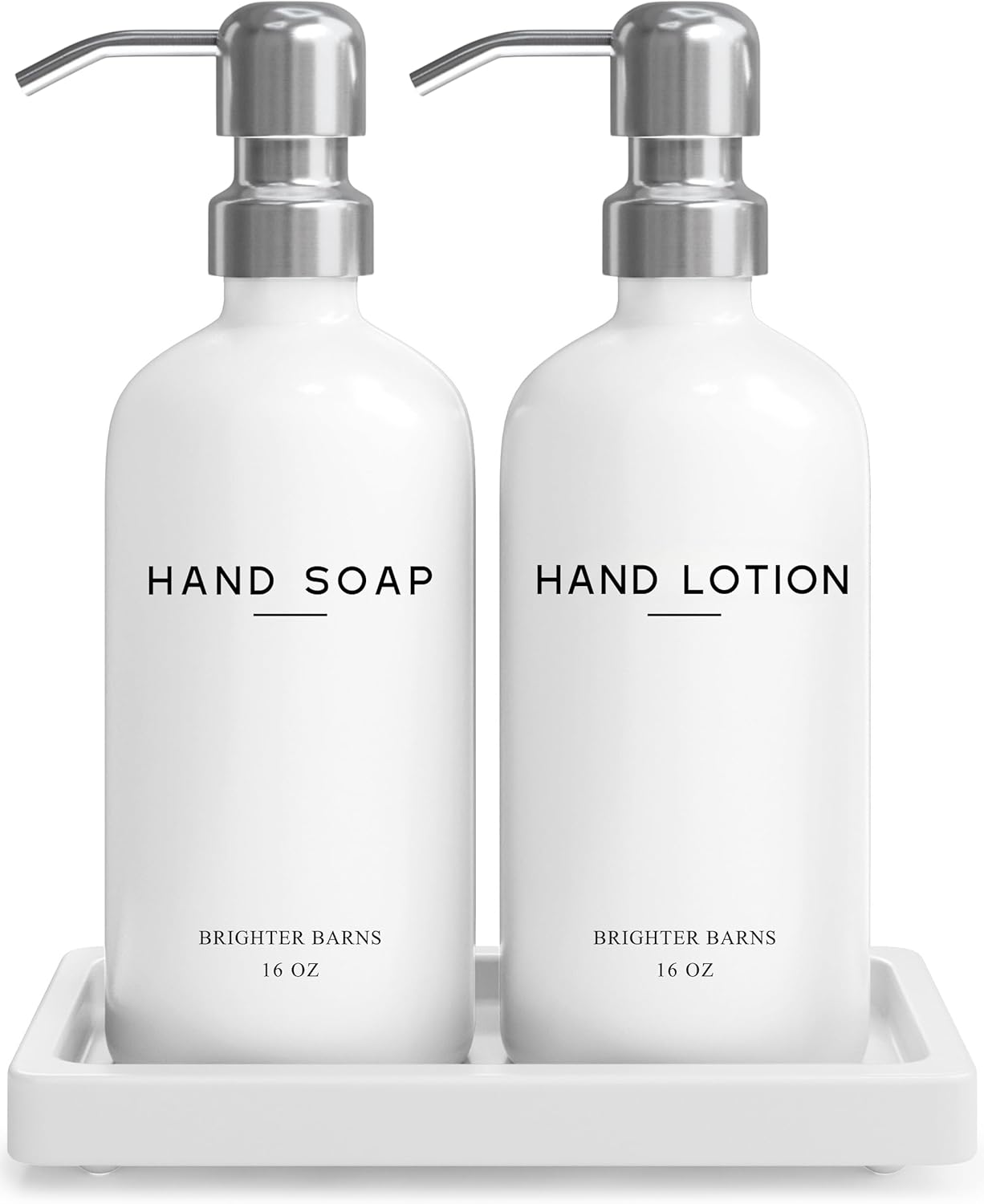 White Glass Soap and Lotion Dispenser Set by Brighter Barns - Bathroom Soap Dispenser Set Tray