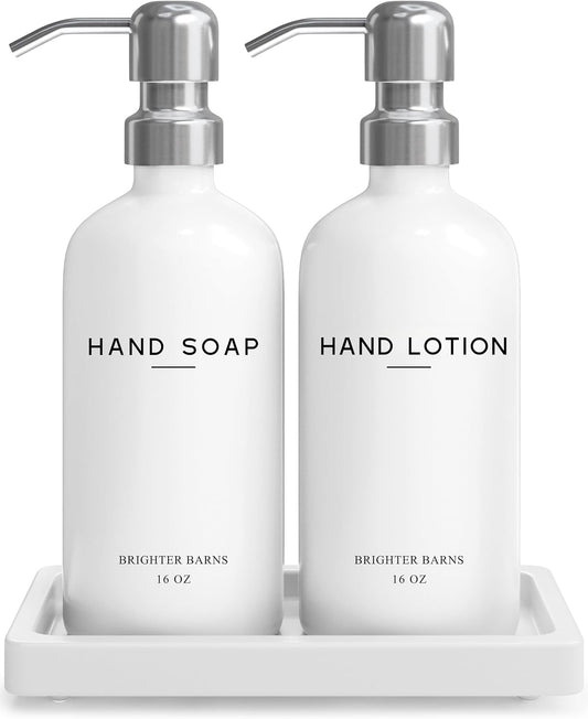 White Glass Soap and Lotion Dispenser Set by Brighter Barns - Bathroom Soap Dispenser Set Tray