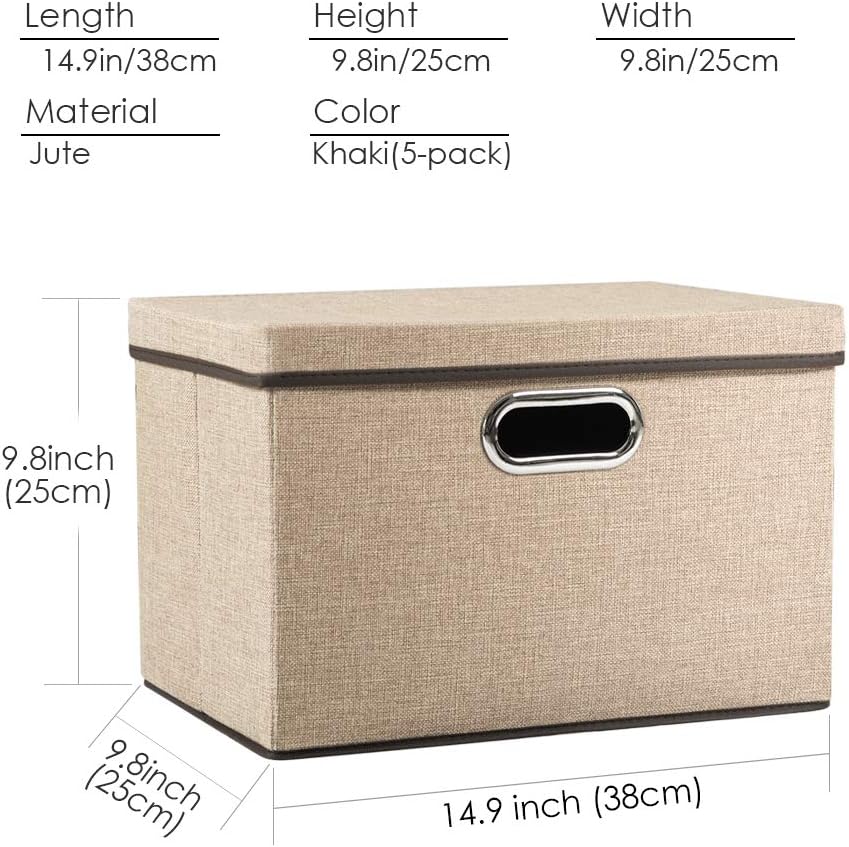 PRANDOM Collapsible Storage Containers with Lids [5-Pack] Jute Fabric Foldable Storage Bins Boxes