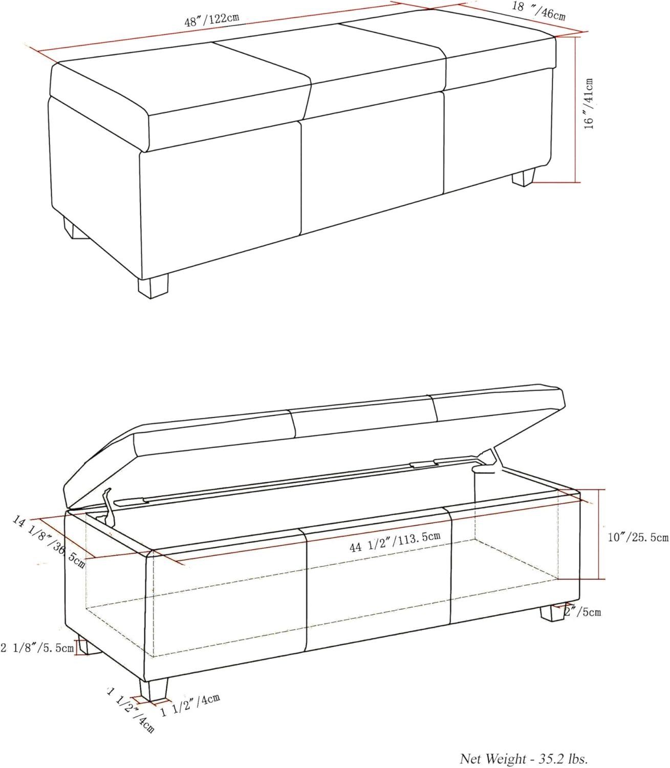SIMPLIHOME Avalon 48 inch Wide Contemporary Rectangle Storage Ottoman Bench in Denim Blue Vegan