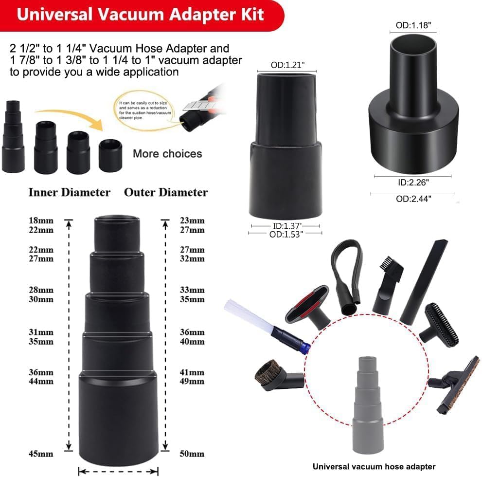 13 Pcs Universal Vacuum Attachments for Shop Vac Accessories - 2 1/2" to 1 1/4" and 1 7/8" to 1"