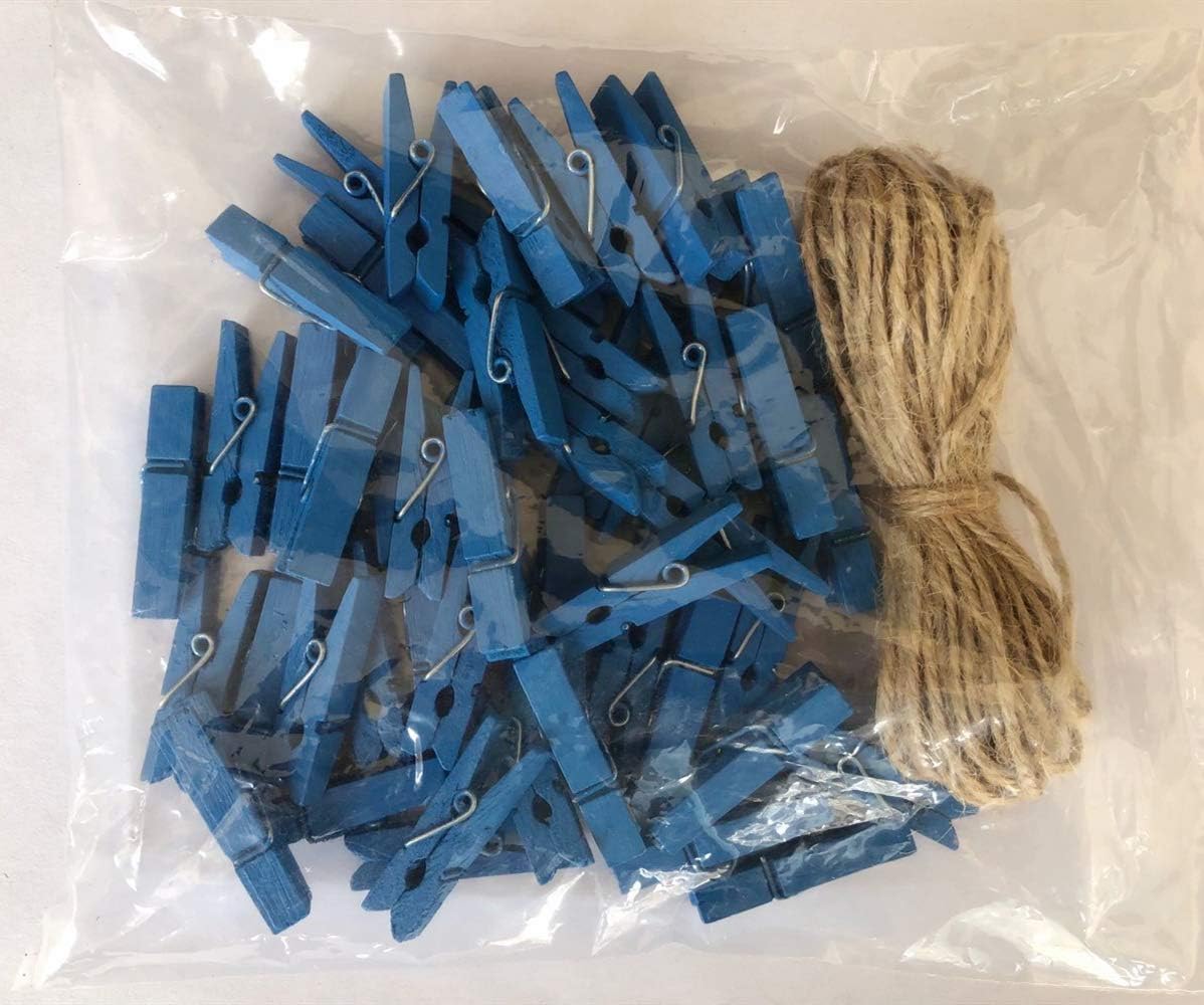 DurReus Wood Clothes Pins for Crafts Party Decor Small Clips Hold Card with Jute Twine Dark Blue