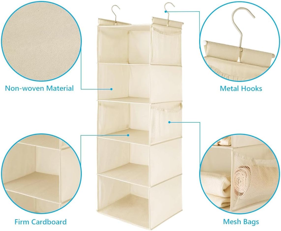 MAX Houser 5 Shelf Hanging Closet Organizer, Space Saver, Cloth Hanging Shelves with 4 Side