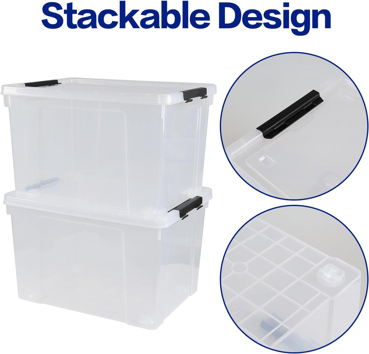 50 L Large Plastic Storage Bins with Latching Lids and Wheels, 4-Pack Clear Stackable Boxes for