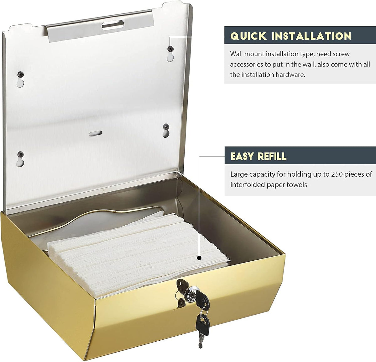Wall Mounted Stainless Steel Paper Towel Dispenser with Lock, Polished Mirror Finish, Fits C-Fold