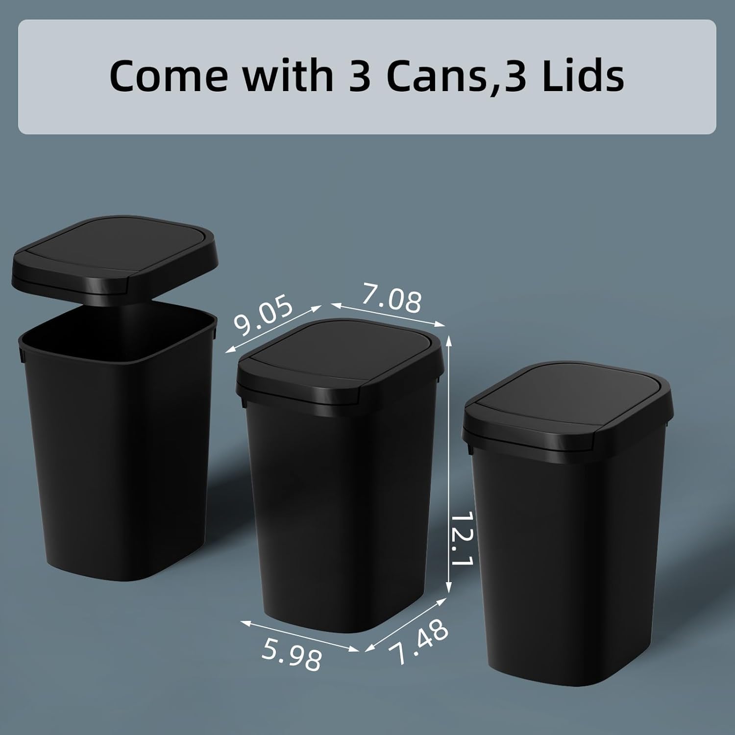 3 Pack Bathroom Small Trash Can with Lid, 2.6 Gallon Slim Garbage Bin with Pop-Up Lid, 10L Plastic