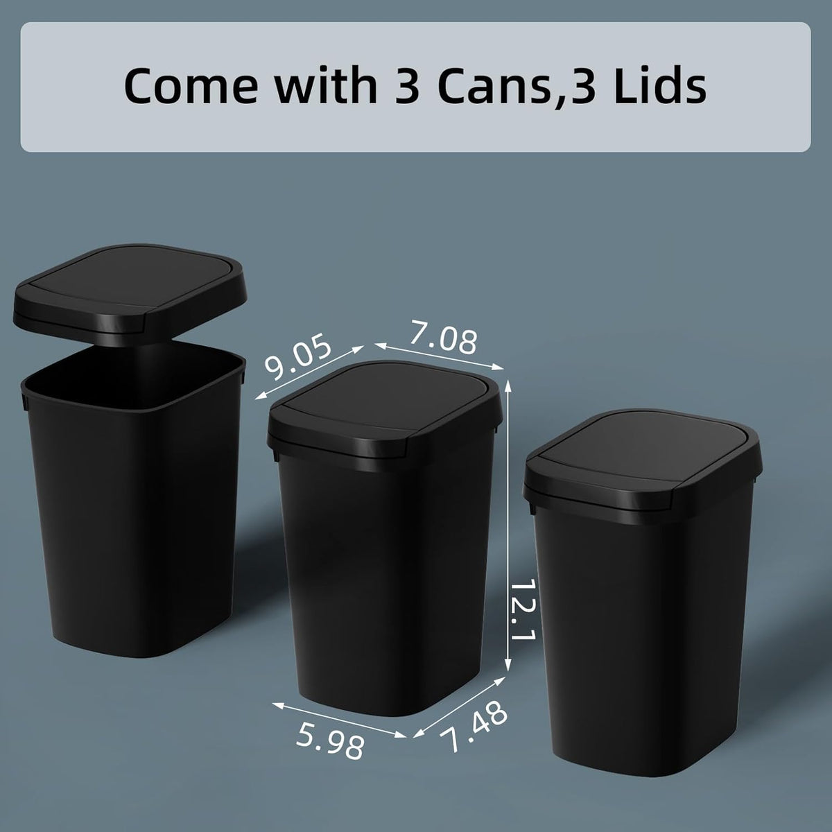 3 Pack Bathroom Small Trash Can with Lid, 2.6 Gallon Slim Garbage Bin with Pop-Up Lid, 10L Plastic