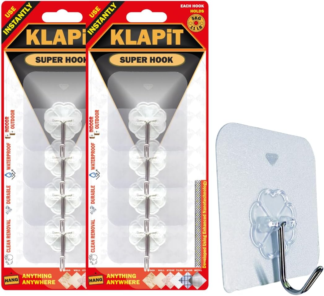 KLAPiT Super Hook - Heavy-Duty Adhesive Clear Wall Hooks, Holds Up to 11 lbs, Waterproof, No