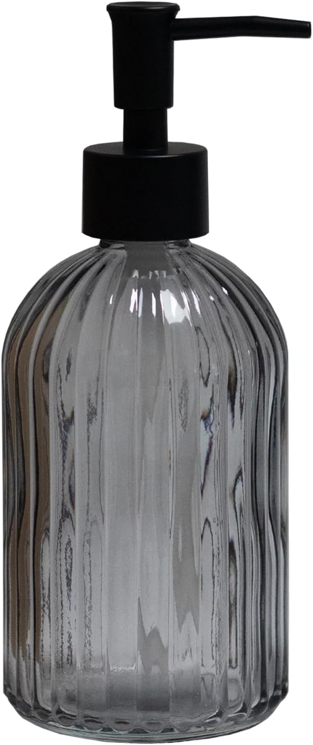 Grey Glass Soap Dispenser with Black Plastic Pump, 13.5oz Refillable Liquid Hand Soap Dispenser