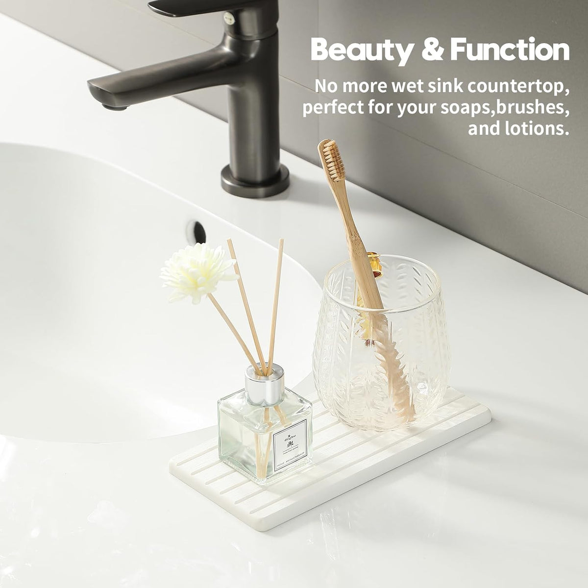 2PCS Water Absorbing Stone Drying Tray Mat For Bathroom Sink & Kitchen Counter Faucet Organizer