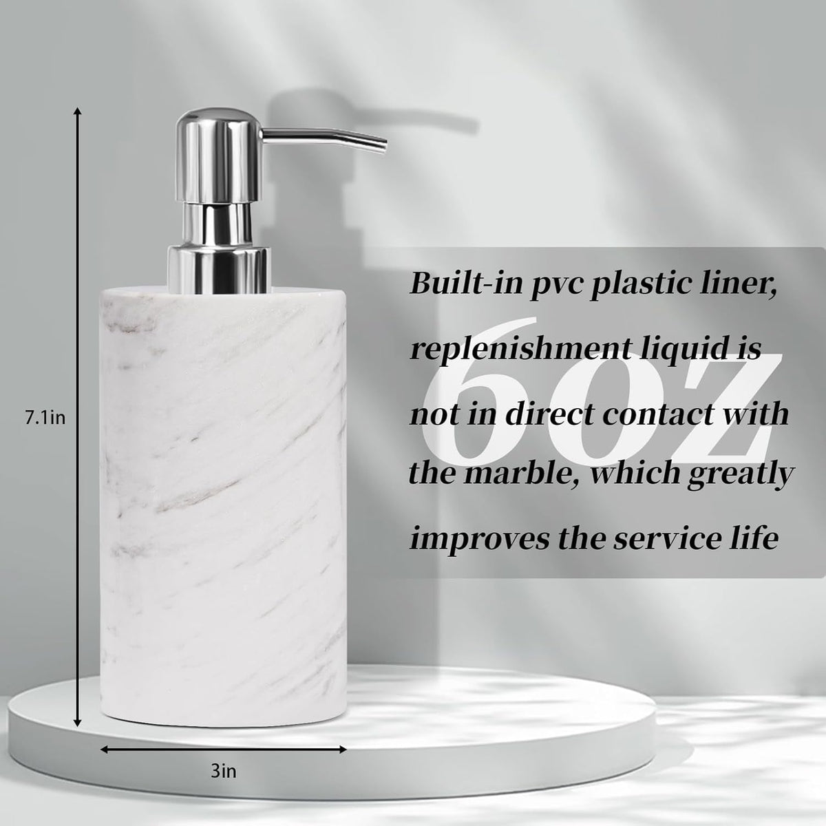 Marble Soap Dispenser with Stainless Steel Pump, White Hand Liquid Soap Dispenser, 6 Ounces for