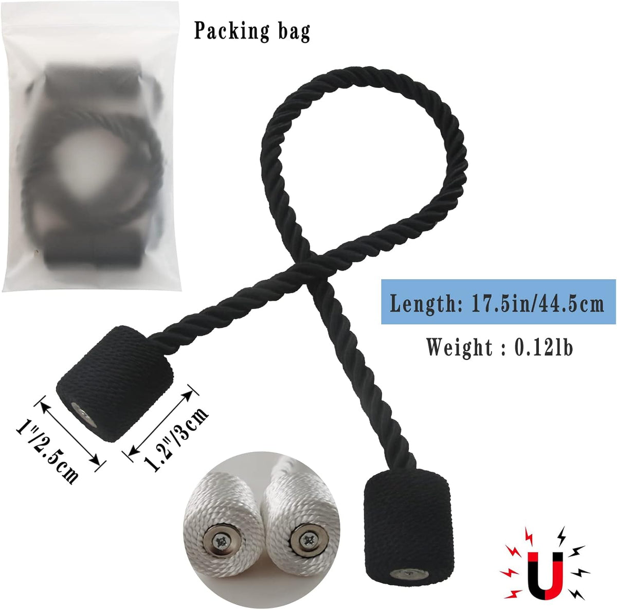 Magnetic Curtain Tiebacks 2 Pack Black Curtain Rope Tieback Curtain Holders for Drapes Modern Tie
